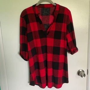 Women Roll-Up 3/4 Sleeve Plaid Shirt Tunic V Neck